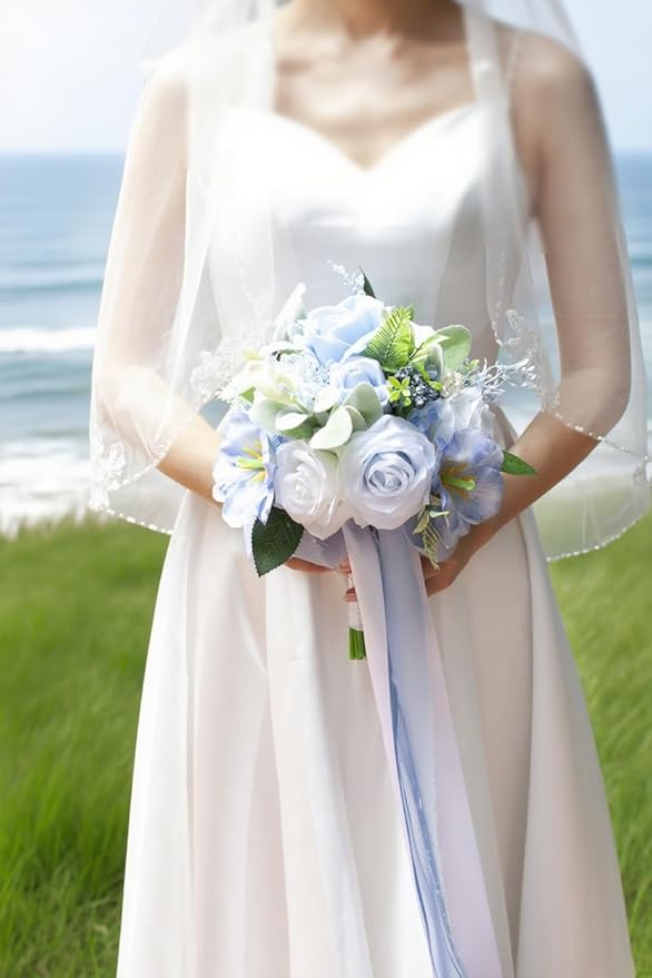 Dusty Blue & White Wedding Bouquets for Bride Bridesmaids, Bridal Bouquet for Wedding Silk Artificial Flowers