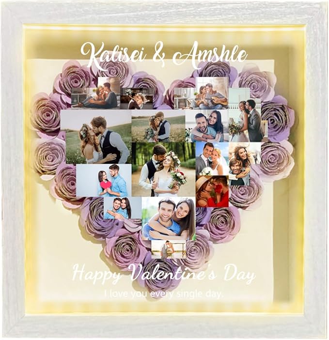 Personalized Photo Flower Shadow Box with LED Light Custom Heart Picture Collage Rose Flower Shadow Box Frame Memory Rose Display Case Gifts for Valentine's Day Christmas Birthday