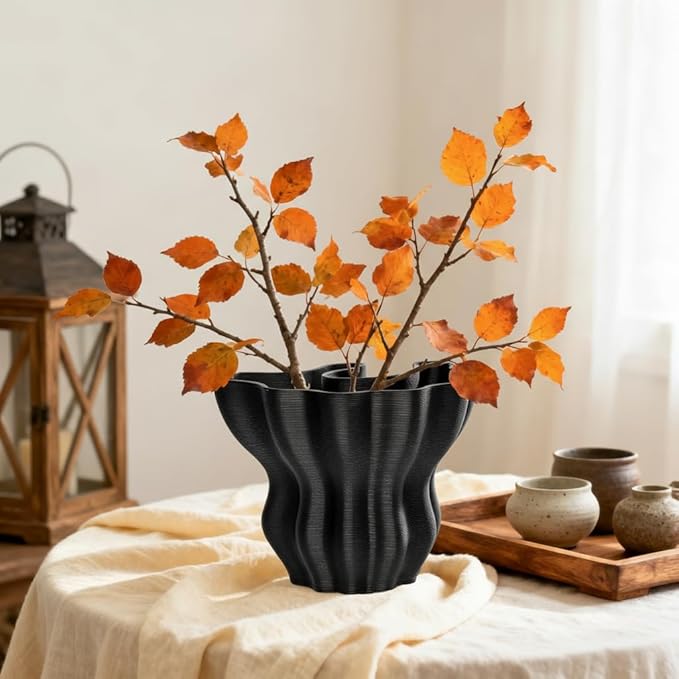 Contemporary Black Ceramic Vase, Abstract Irregular Shape Sculptural Accent for Home Decor, Modern Artistic Centerpiece for Coffee Table or Bookshelf
