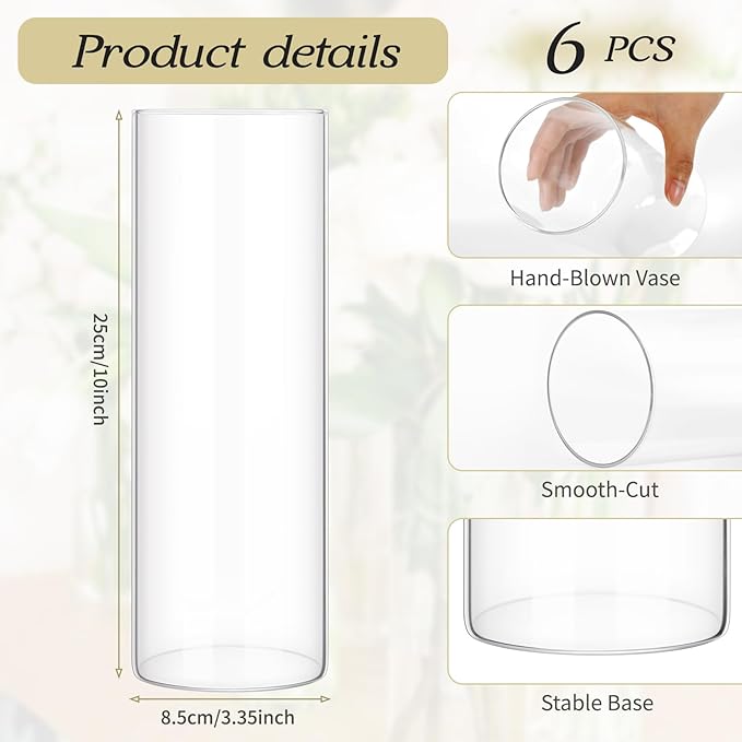 6 Pack Glass Cylinder Vases 10 Inch Tall Clear Flower Vase for Centerpieces, Hurricane Floating Candle Holder Wedding Decorations, Floral Vase Bulk for Table Shelf Party Home Deco (10 x 3.35 Inch)