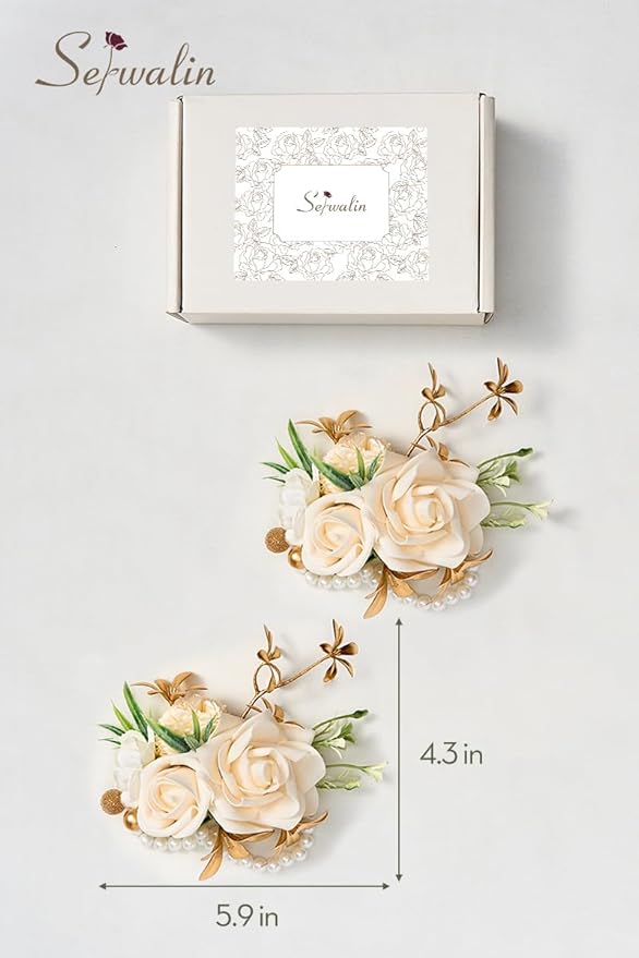 Serwalin 2 Pcs Champagne Wrist Corsage for Wedding, Corsages Wristlet for Bridesmaid Mother Grandmother, Artificial Flowers for Prom Ceremony Anniversary
