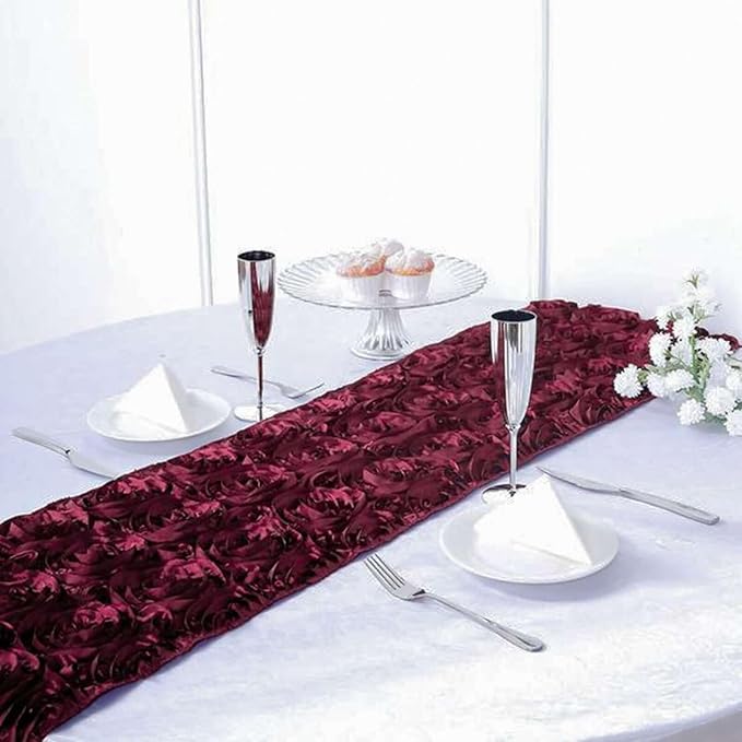 Efavormart 14"x108" Burgundy Grandiose Rosette Satin Table Runner for Party Dining Banquet Events Restaurant Kitchen Home and Multi-Use