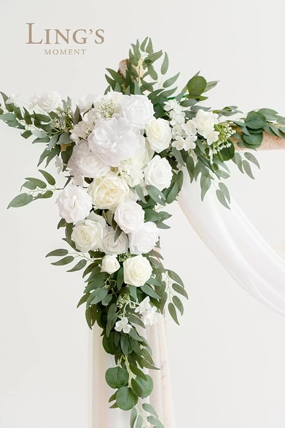 Ling's moment Artificial Wedding Arch Flowers Kit Pack of 4, 2pcs Hanging Silk Flowers Arrangement 2pcs Chiffon Drapes Ceremony Spring Fake Rose Arbor Backdrop White Sage Floral Party Outdoor Decor