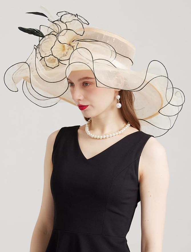 Organza Derby Hats for Women Wide Brim Fascinator Hat Rose Flower Wedding Tea Party Hat