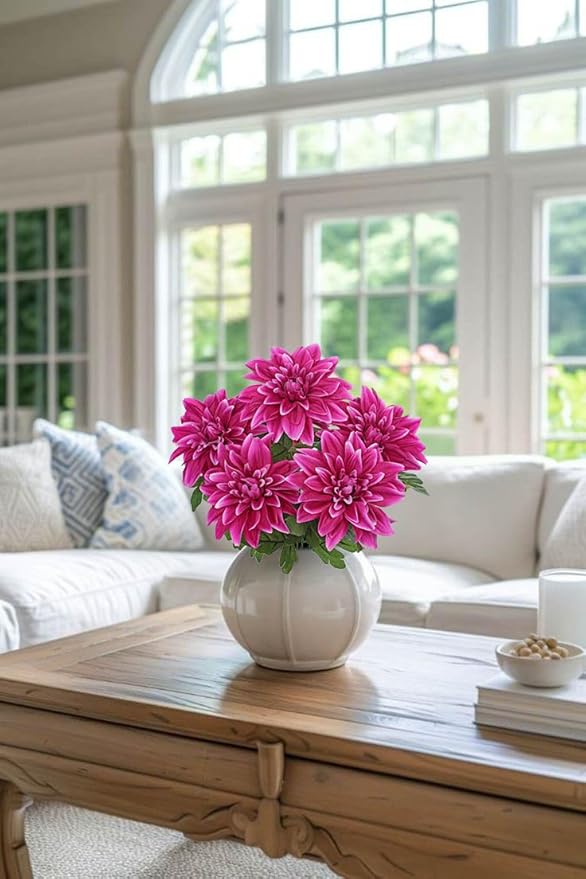 Hollyone Purple-Pink Artificial Dahlia Flowers with Stem Bushes 7 Heads Silk Fake Dahlias Flowers Wedding Bouquets Faux Dahlia Flower Floral Arrangements for Party Table Centerpieces Home Decor