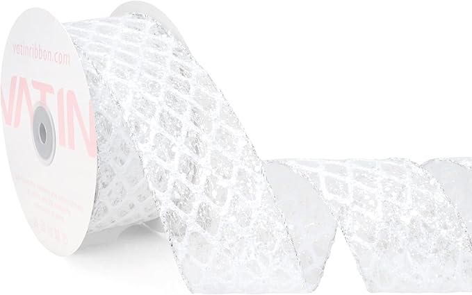 VATIN 2-1/2" White Christmas Ribbon, White Glitter Mesh Diamond Web Sequin Dots Wired Christmas Ribbon for Gift Wrapping Bow Making Wreath Supply-10 Yards
