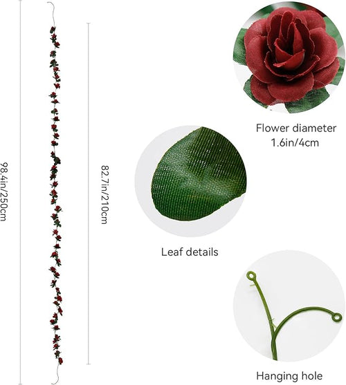 12 PCS 98.4 FT Artificial Flower Garland Red Rose Garland for Wedding Room Decor（12,Wine Red）
