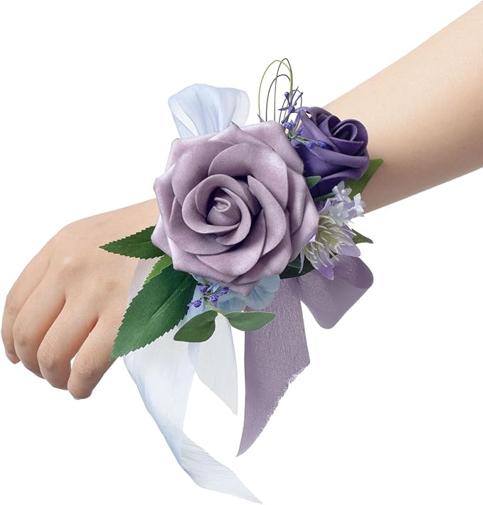Ling's moment 6pcs Homecoming Wedding Wrist Corsage Artificial Flowers, Girl/Mother Prom Corsages Wristlet Décor, etc. Purple