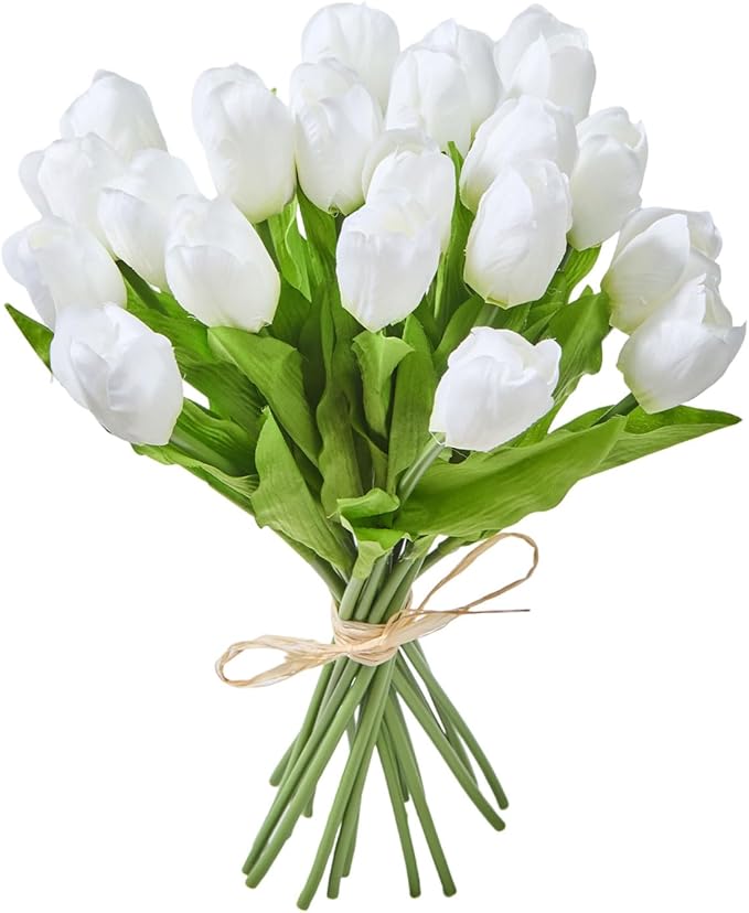 Artificial Flowers Mother's Day Easter Valentine's Day Gifts, Artificial Flowers Fake Tulips Flowers Home Kitchen Wedding Table Decorations a Bunch of 20 White Tulips