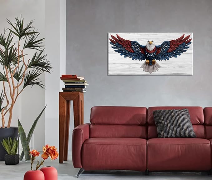 IDAFU Bald Eagle Canvas Wall Art USA Eagle Wall Décor -Patriotic Red Blue Flag Painting,USA Independence Day & 4th of July Décor,Ready to Hang for Living Room, Bedroom, Office, Dorm 58L x28W