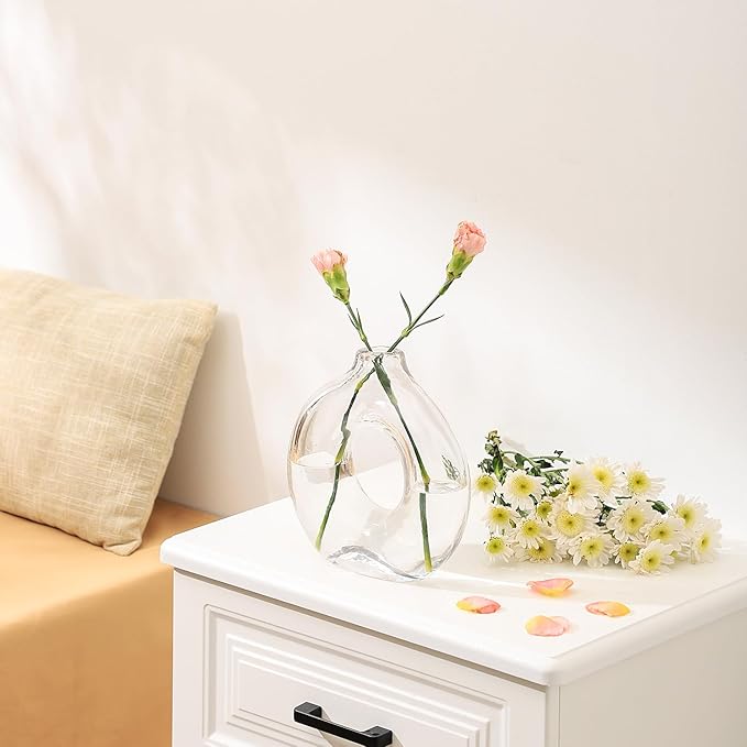 Glass Donut Vase, Clear Donut Vase, Round Glass Vases for Flowers, Modern Vases for Home, Living Room, Dining Table, Entryway, Mantle, Shelf, Wedding, Office, Coffee Table