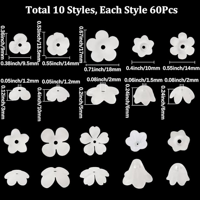 SUNNYCLUE 1 Box 600Pcs 10 Styles Acrylic Flower Beads White Lily Flower Beads Frosted Plastic Trumpet Bell Floral Spacer End Caps for Jewelry Making DIY Craft Bracelets Earrings Necklaces Decorations