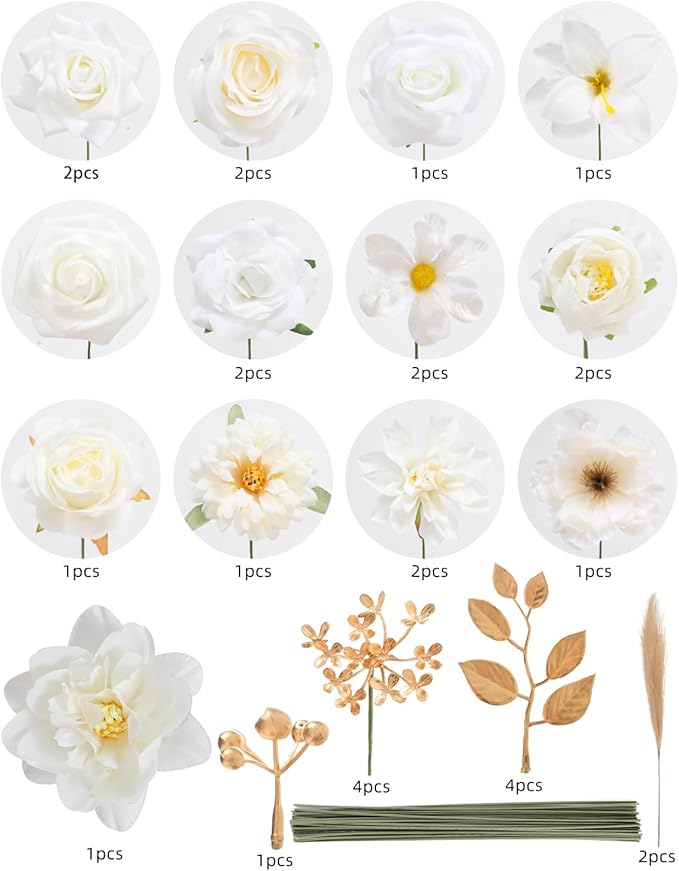 Senseya Artificial Flowers Combo, Milk White Silk Roses, Peonies, Dahlias with Stems for DIY Wedding Bouquets, Baby Shower, Table Centerpieces, Home Decor, Fake Floral Arrangements, Party Decorations