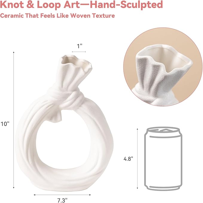 White Ceramic Vase with Knot & Loop Design - 10" Unique Flower Vase for Pampas Grass & Centerpieces, Decorative Boho/Farmhouse Vase for Living Room, Office Desk & Housewarming Gift (for Her/Yourself)