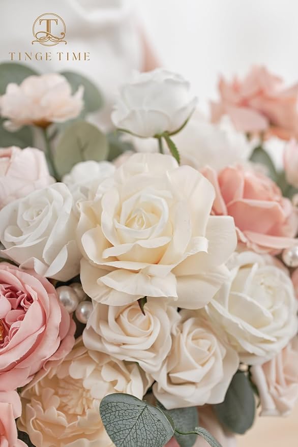 TINGE TIME 11 Inch Wedding Bouquets for Bride，Champange&Pink Artificial Flowers Bouquet， Brides & Bridesmaids Bouquet Tossing Bouquet for Wedding Anniversary Ceremony Bridal Shower Decorations