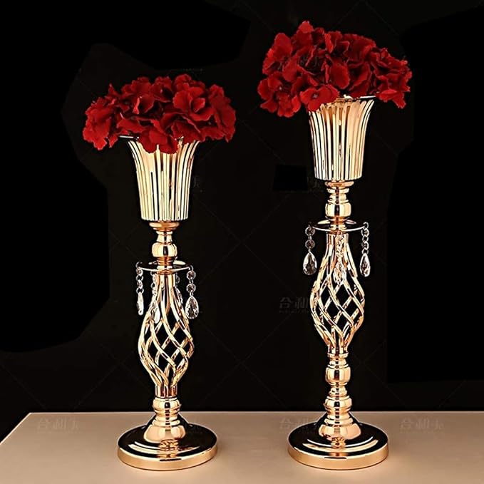 2 Pcs Elegant Metal Gold Floral Vase, Beaded Crystal Gold Trumpet Crown Vase, Perfect for Wedding Banquets, Birthdays, Anniversaries, Holiday Parties and Other Important Event Centerpieces(23.2")