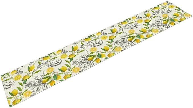 Lemon Table Runner , Summer Yellow Fruits Green Leaves Kitchen Dinning Table Decoration for Indoor Outdoor Home Party Decor 13"x60"