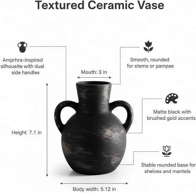 7.1-Inch Black Ceramic Flower Vase with Handles, Rustic Farmhouse Boho Pottery Decor for Table, Living Room & Shelf