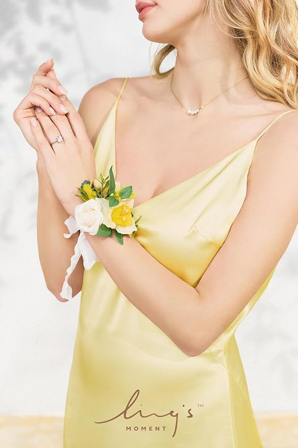 Ling's moment 6pcs Wedding Wrist Corsage Artificial Flowers, Girl/Mother Homecoming Prom Corsages Wristlet Décor, etc. Yellow Blush