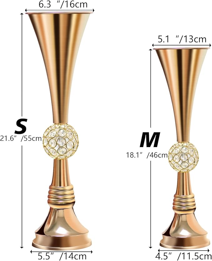 VIJIV 19" Gold Luxury Flower Vase for Wedding Centerpieces - Crystal-Embedded Tall Geometric Metal Vase for Feather, Rust-Resistant Table Decor for Gatsby Party/Reception/Hotel Floral Arrangements