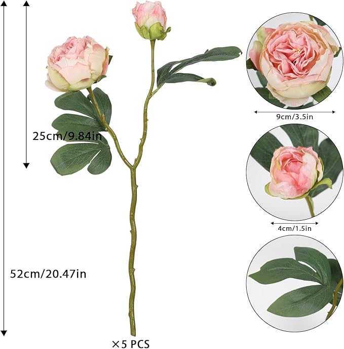 IPOPU Champagne Pink Peonies Artificial Flowers 5PCS 10heads Vintage Silk Peonies Silk Flowers Fake Peony Peach Flowers for Wedding Decoration Bride Bouquet Faux Flowers Floral Arrangement