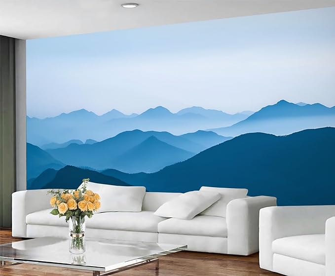 Minimalist Blues Mountain Wall Mural, Misty Layered Hills 3D Wall Murals, Serene Misty Mountains Wallpaper Mural, for Living Room Bedroom Large Wallpaper Indoor Decor 157.5" W x110.3 H