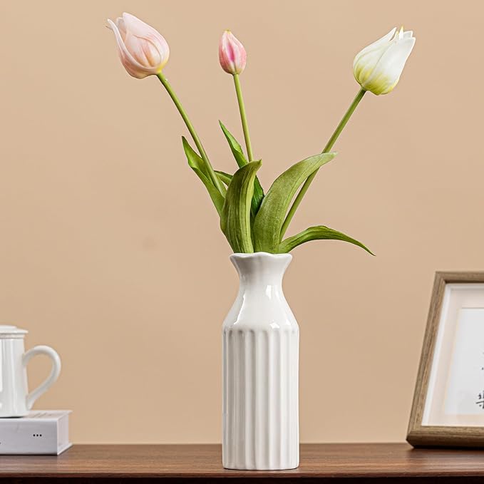 White Ceramic Vase - 8.3" Unique Flower Vase with Vertical Ribbed Texture, Decorative Boho/Farmhouse Vase for Living Room, Office Desk & Housewarming Gift (for Her/Yourself)