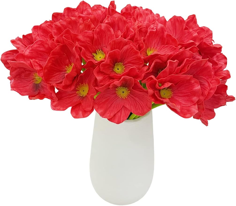 10 PCS High Quaulity Fresh Artificial Mini Real Touch PU/ latex Corn Poppies Decorative Silk fake artificial poppy flowers for Wedding holiday Bridal Bouquet Home Party Decor bridesmaid (Red)