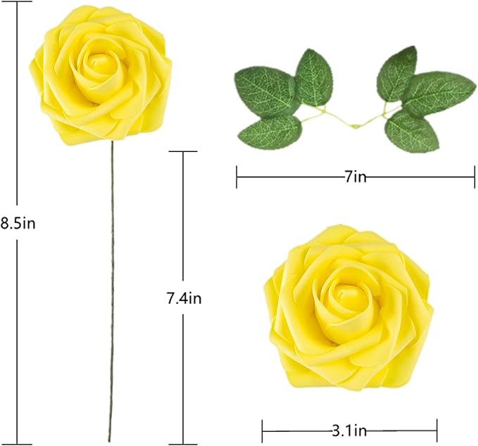 Artificial Flower Foam Rose 25pcs Real Looking Fake Rose with Stems Leaves for Home Decoration Party Garden Centerpieces DIY Wedding Bouquets（Yellow）