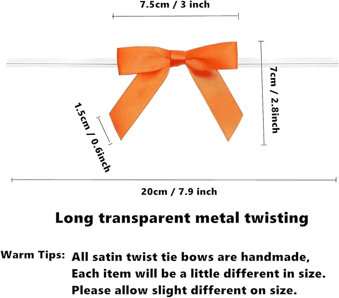 50 Pack 3" Satin Twist Tie Bows, Twist Bows for Treats, Ribbon Bows with Twist Ties Gift Wrap Bows, Pretied Bows Ties for Cake Pops, Baby Shower, Sweets Packaging, Party Favors, Gifts(Orange)