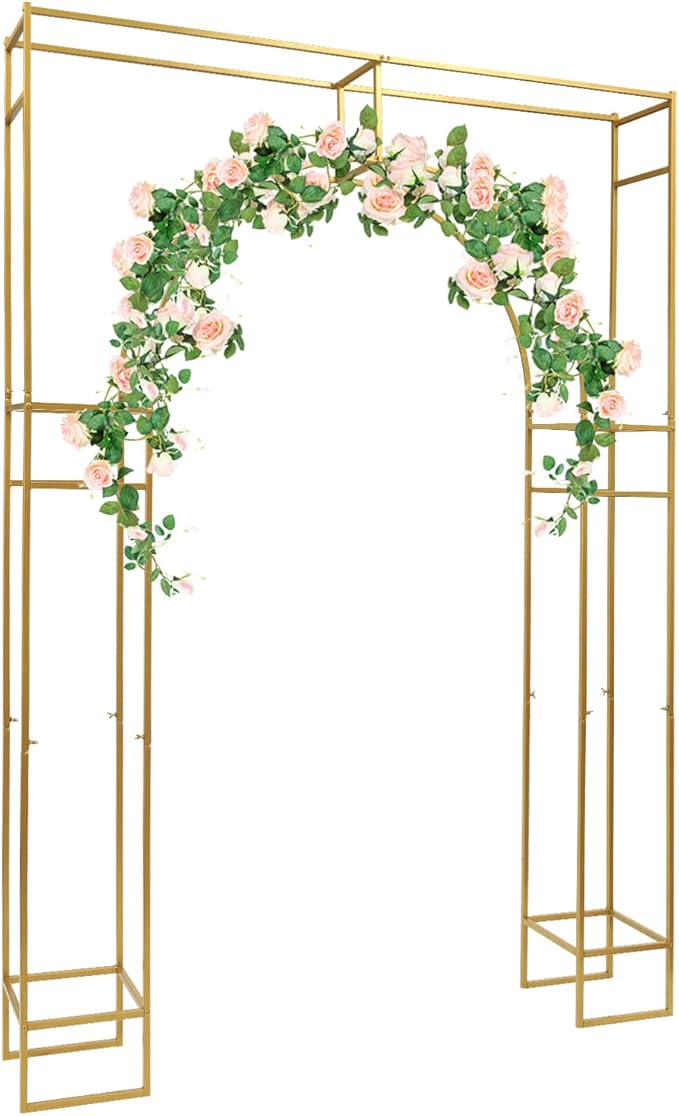 Wedding Arch Backdrop Stand, 7.9 Ft Heavy Duty Gold Metal Square Wedding Arch, 3D Floral Balloon Frame Flower Stand for Garden Indoor Outdoor Party Birthday Parties Engagements Decoration