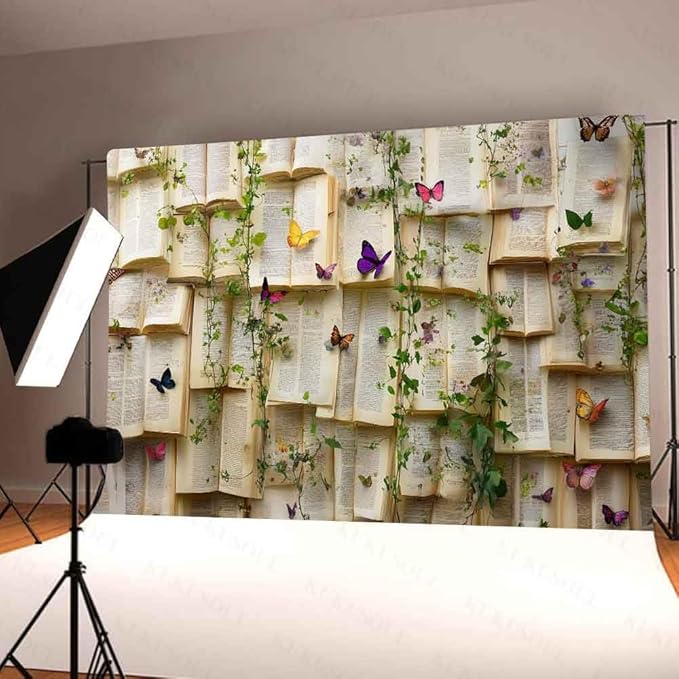 7x5ft Vintage Bookshelf Backdrop for Photography Book Butterfly Backdrops Books Flowers Wallpaper Decoration Bridal Shower Kids Girls Birthday Party Banner Supplies KUBYW004