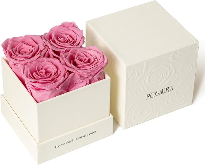 Rosaura 4-Piece Eternal Preserved Roses & Flowers Gift Box - Forever Lasting Real Roses, Preserved Flowers for Christmas, Valentine's Day Pink