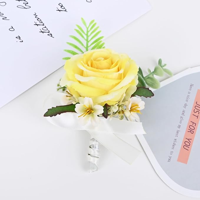 MAFELOE 2 Pieces Artificial Flower Wrist Corsage and Boutonniere Set, Groom Groomsmen Bride Bridesmaids Wedding Accessories Prom Party Suit Decorations - Yellow