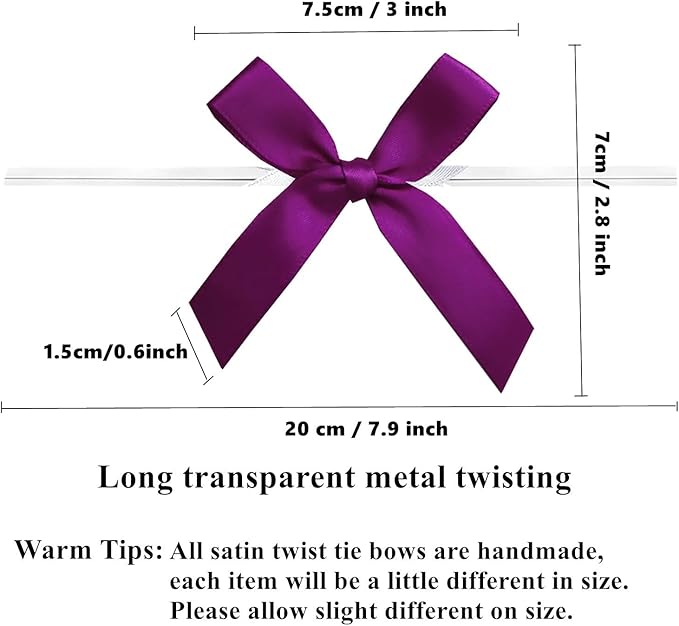 50 Pack 3" Ribbon Twist Tie Bows, Pre Tied Bows for Gifts, Bow Ties for Bags, Twist Bows for Treats, Bow Twist Ties, Bows with Twist Ties, Pretied Bows for Lollipops, Cake Pops(Dark Purple)