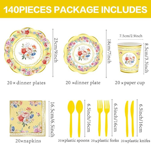 140Pcs Tea Party Decorations Tableware Set Floral Plates and Napkins for Birthday Party, Baby Showers, Bridal Showers, Wedding Bachelorette Party Supplies Floral Tea Party Plates, Serves 20 (Yellow)