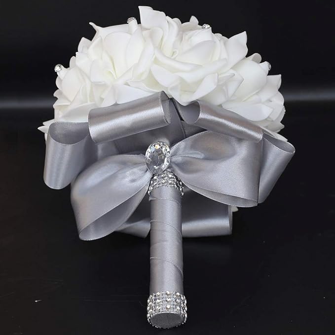 Wedding Bouquet, Silver Bouquet for Bride Bridesmaid with Diamond Soft Ribbons, Artificial Rose Bridal Holding Flowers for Party Church