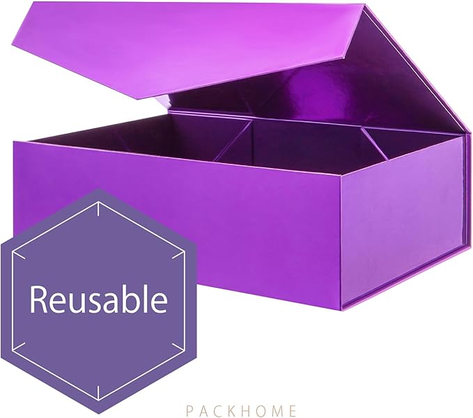 PACKHOME 6 Large Gift Boxes with Lids 13.5x9x4.1 Inches, Sturdy Collapsible Gift Boxes with Magnetic Closure (Glossy Purple)