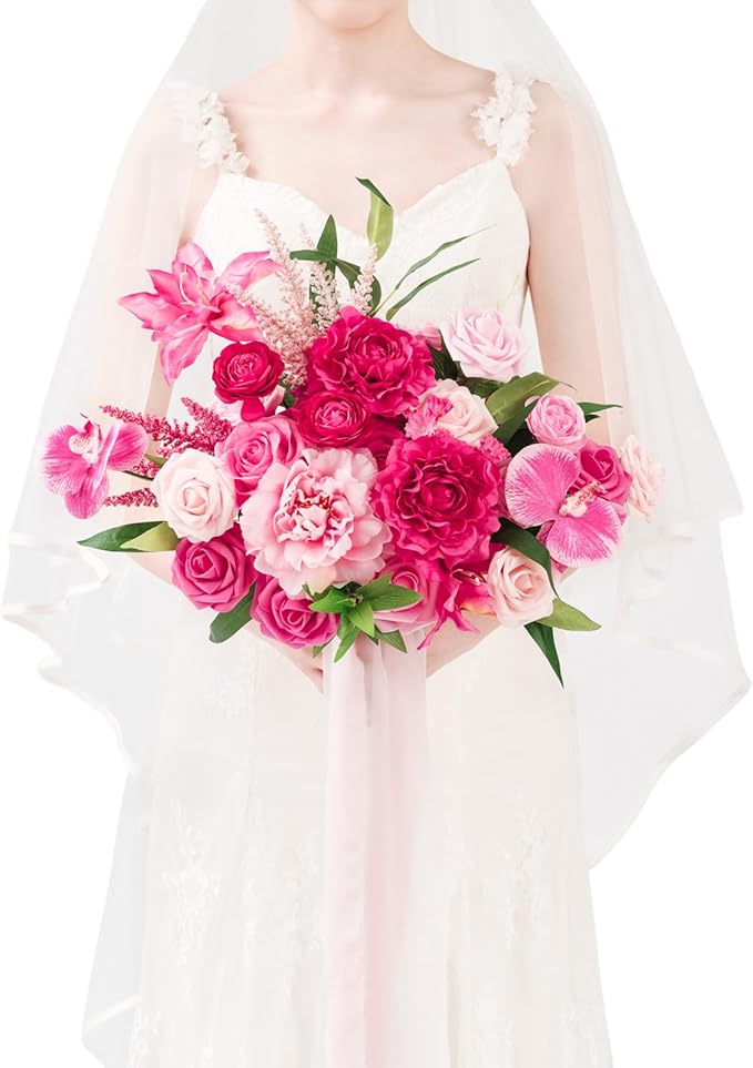 TINGE TIME 11 Inch Wedding Bouquets for Bride，HotPink Artificial Flowers Bouquet， Brides & Bridesmaids Bouquet for Wedding Anniversary Ceremony Bridal Shower Decorations