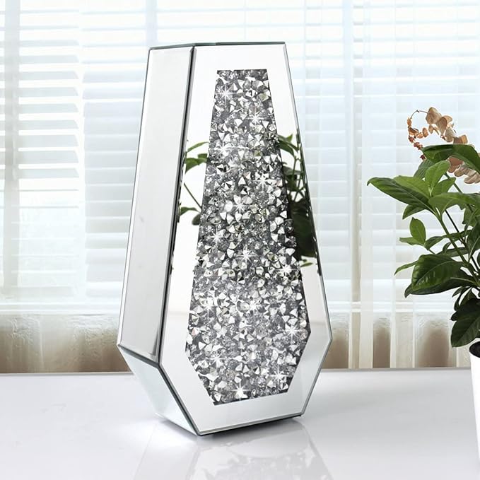 Flower Vase Crushed Diamond Mirrored Vase Crystal Silver Glass Decorative Mirror Vase Large Size Luxury for Home Decor. Diamond Shape Thickened. Can’t Hold Water.
