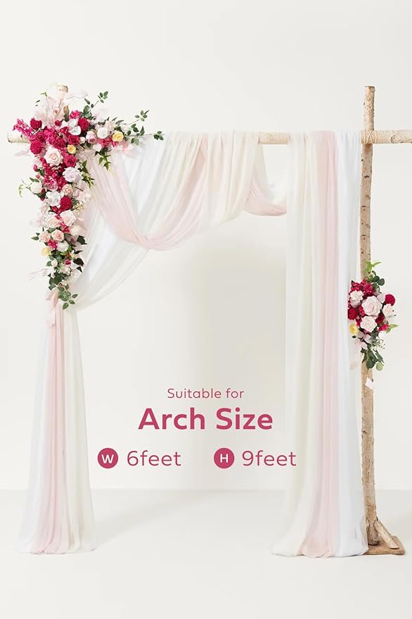 Ling's moment Deluxe Spring Pink Artificial Wedding Arch Flowers with Drapes Kit-Pack of 5, 2pcs Flower Arrangements 3pcs Hanging Sheer Drapes Ceremony Arbor Reception Backdrop Floral Decoration