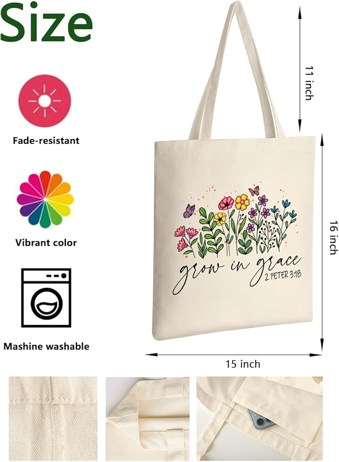 AUSVKAI Cute Canvas Tote Bag Aesthetic For Women Grocery Bag Cotton Beach Totes Gift For Grow in Grace