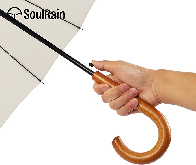 SoulRain 16 Ribs 48" Stick Umbrella Auto Open Solid Color Fashionable and Simple，Arc Classic Wood Handle，Windproof Unbreakable Stick Rain Umbrella