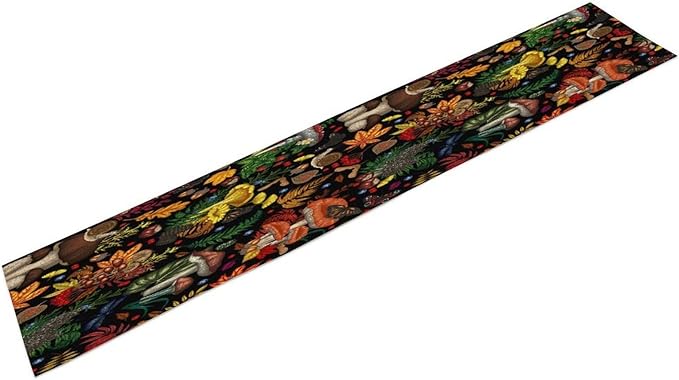 Nature Mushroom Table Runner,Retro Boho Floral Botanical Plant Forest Pattern Print Tablecloth Burlap for Hotel Indoors Outdoor Dining Room Kitchen Holiday Party, 13x90in