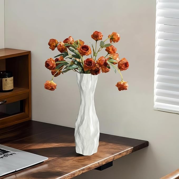 White Sculptural Ceramic Vase, Modern Irregular Shape Decorative Vase for Home Decor, Minimalist Artistic Tabletop Centerpiece for Living Room Bedroom Office