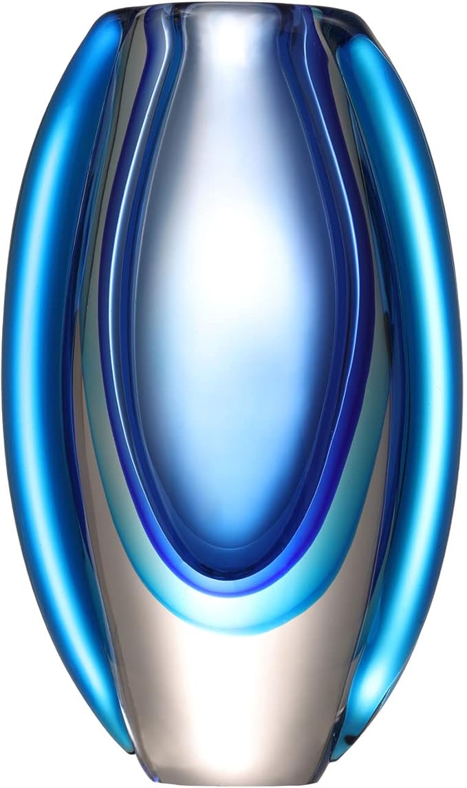 Luxury Lane Hand Blown Sommerso Oval Art Glass Vase for Decor Centerpiece Table Decoration Blue 8.5 inch Tall