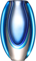 Luxury Lane Hand Blown Sommerso Oval Art Glass Vase for Decor Centerpiece Table Decoration Blue 8.5 inch Tall
