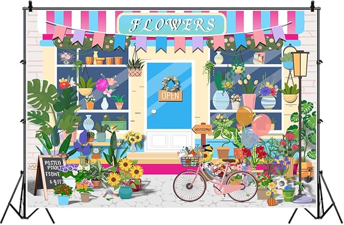 HANYING 9x6ft Cartoon Spring Flowers Backdrops for Photoshoot Floral Pot Plants Gardening Bicycle Photo Background Gifts Florists Girl Birthday Baby Shower Party Decor Banner Photo Booth HY030DX
