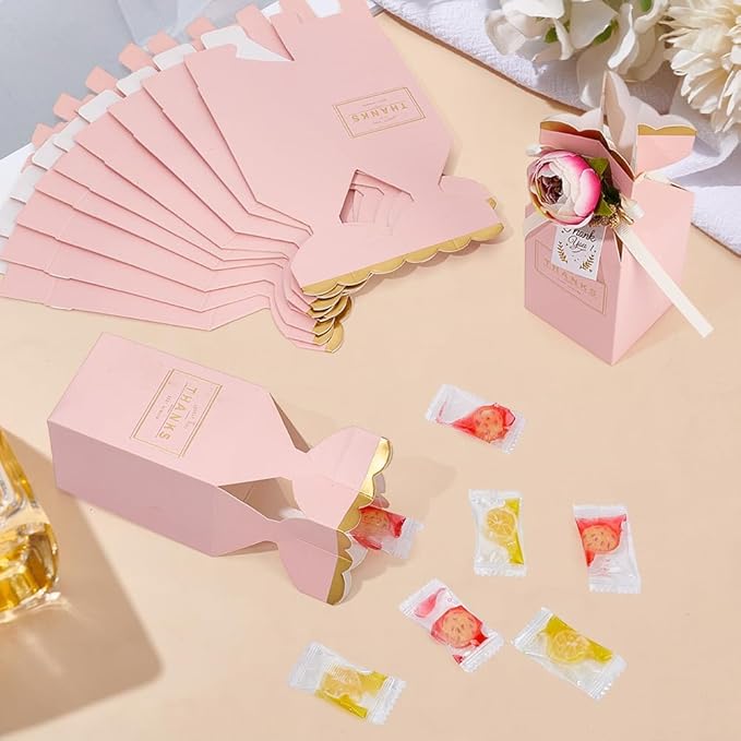 MAYJOYDIY 12 Pack 3D Flower Candy Boxes with Ribbons 2.24x2.24x5.51 Inch Pink Gift Favor Boxes Paper Candy Storage Containers for Wedding Shower Anniversary Birthday Party Celebration