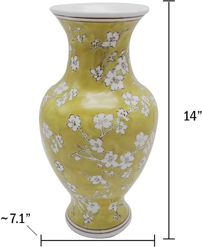 Galt International 14” Hand Painted Chinoiserie Ceramic Vase – Antique Style Porcelain Flower Bottle by Galt International, Fishtail Chinese Vase for Home Decor & Centerpiece - Yellow and White Sakura
